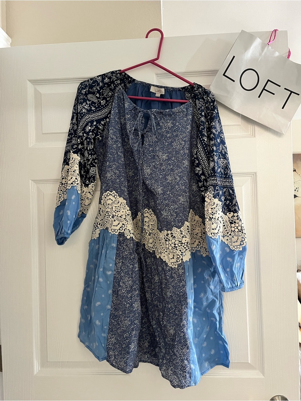 LOFT Blue Patchwork Peasant Top with Lace Trim